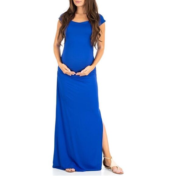 Maternity Short Sleeve Ruched Side Bodycon Dress with Side Slit Royal Bl… - Picture 2 of 5